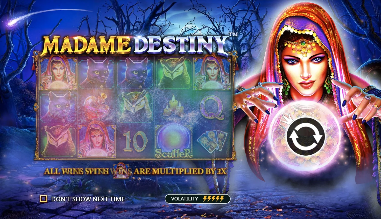 Стартовый экран Madame Destiny Megaways с гадалкой и хрустальным шаром